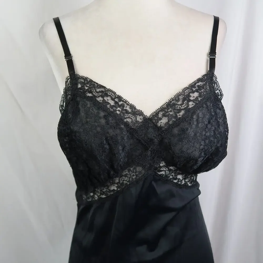 Vintage Van Raalte Black Lace Trim Slip Dress Small - Picture 2 of 7